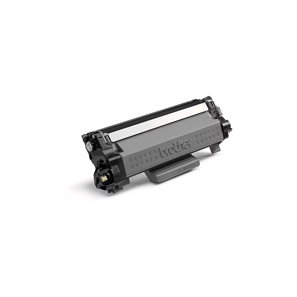 Ein grauer Brother-Toner, leicht schräg von vorne fotografiert. Oben befindet sich ein silberner Streifen, auf der Seite steht "brother".