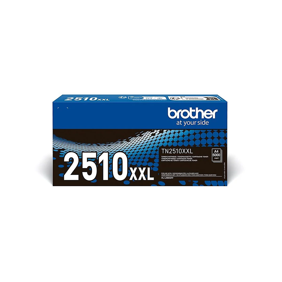 Blauer Karton mit weißem Aufdruck. Aufschrift: Brother, 2510XXL, Toner Cartridge.