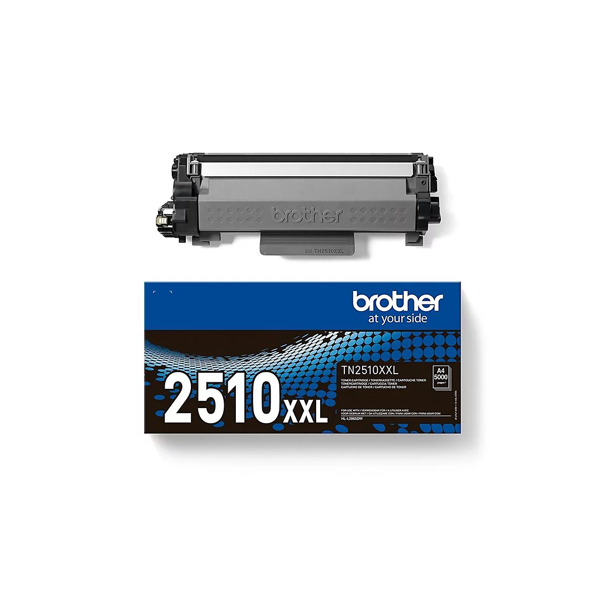 Ein grauer Brother-Toner TN2510XXL, daneben die blaue Verpackung mit Produktinformationen.