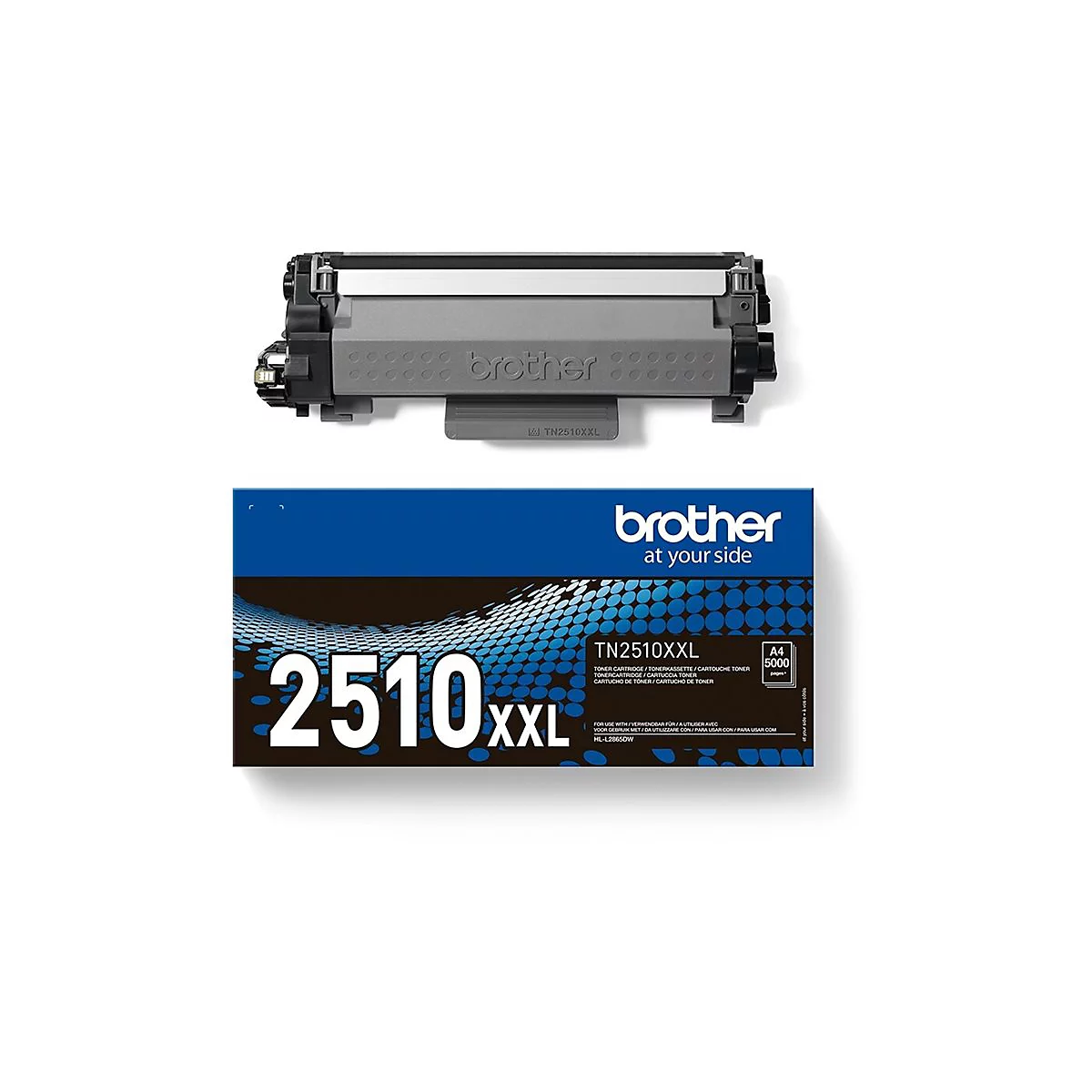 Ein Toner von Brother, TN2510XXL, mit schwarzer Beschriftung. Darunter die blaue Verpackung mit weißer Aufschrift.