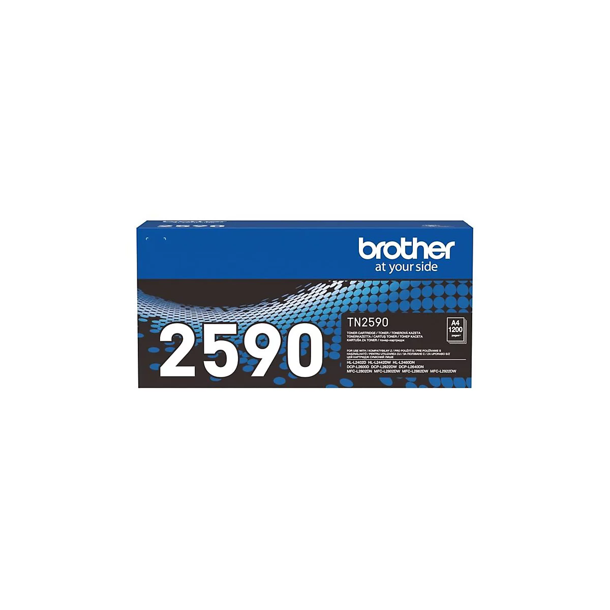 Blauer Karton der Brother Tonerkartusche TN2590 mit Markenlogo und Angaben zur Kompatibilität auf weißem Grund.