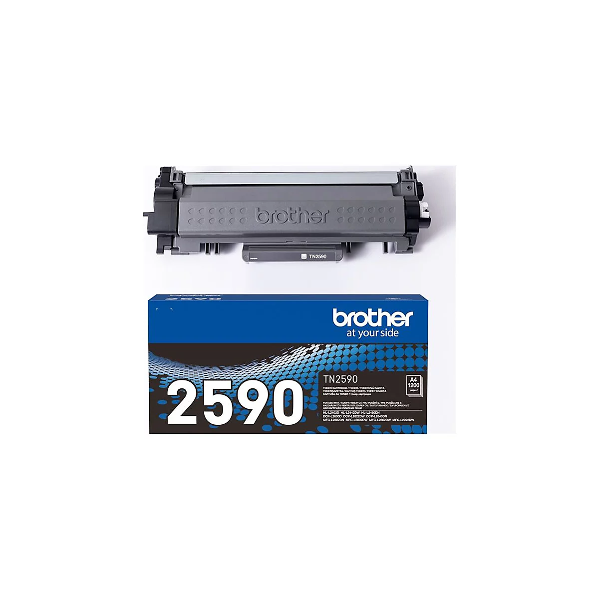 Brother Toner TN2590 in grauer Kunststoffkartusche mit der zugehörigen blauen Verpackung.