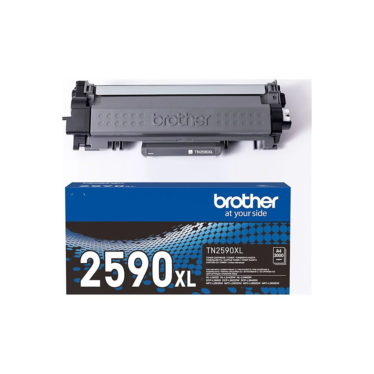 Schwarze Brother TN2590XL Tonerkartusche mit dazugehöriger blauer Verpackung.