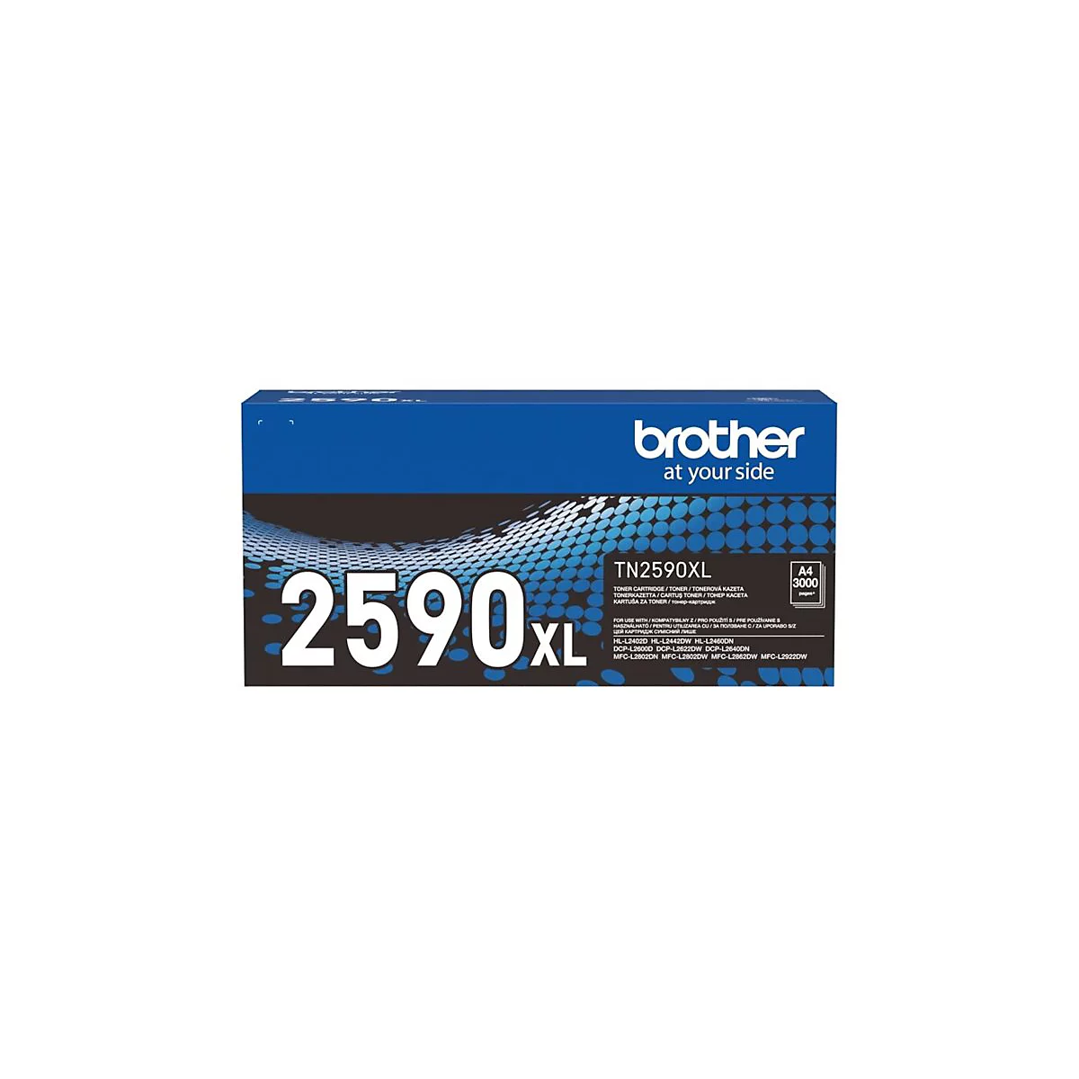 Brother TN2590XL Tonerkartuschen-Verpackung in Blau und Schwarz.