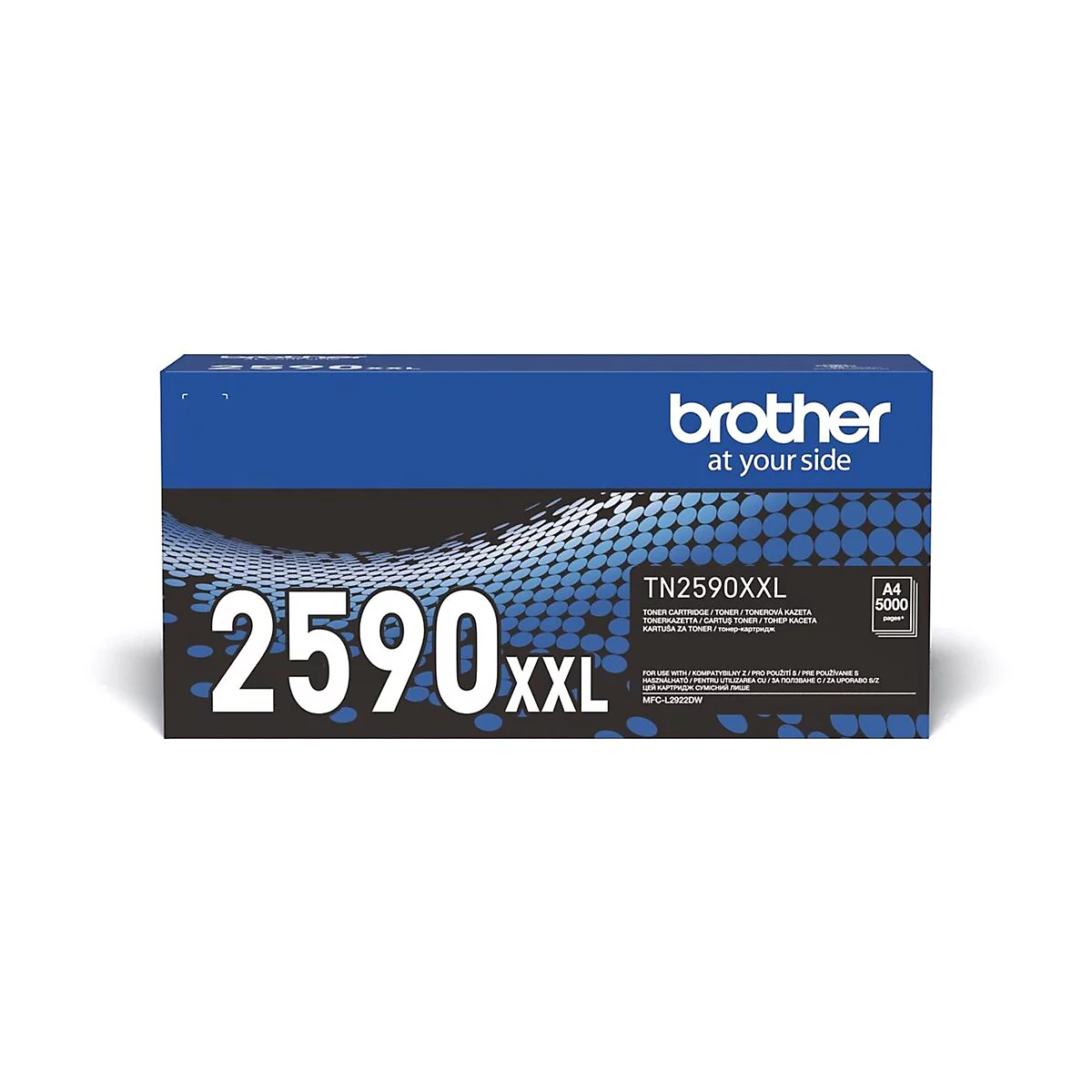 Blaue Brother Tonerkartuschenverpackung TN2590XXL für 5000 Seiten vor weißem Hintergrund.