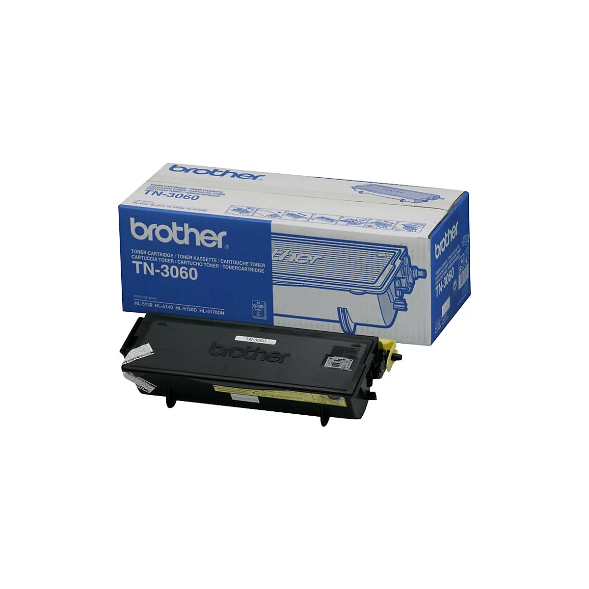 Schwarze Brother TN-3060 Tonerkartusche vor der zugehörigen blau-weißen Produktverpackung.