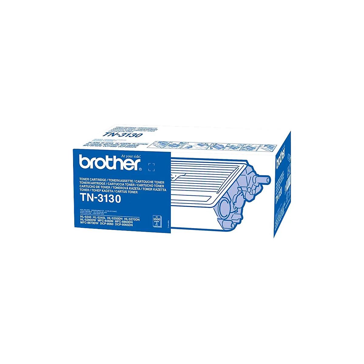 Eine blaue Brother-Toner-Kartusche, Modell TN-3130, mit weißem Hintergrund. Auf der Verpackung steht das Logo von Brother sowie Produktinformationen.