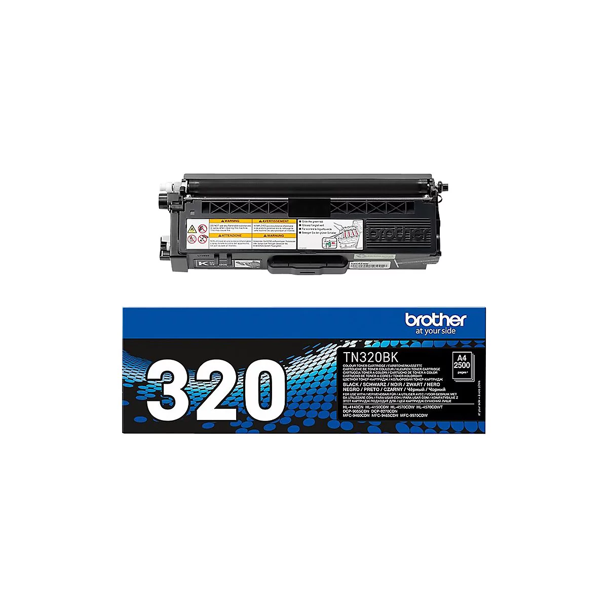 Eine schwarze Brother Toner-Kartusche mit der Aufschrift TN320BK und dem Brother Logo.