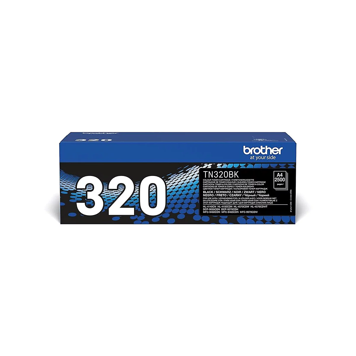 Ein blauer Brother-Toner-Kartusche, auf der groß die Zahl 320 abgebildet ist, sowie Produktinformationen.