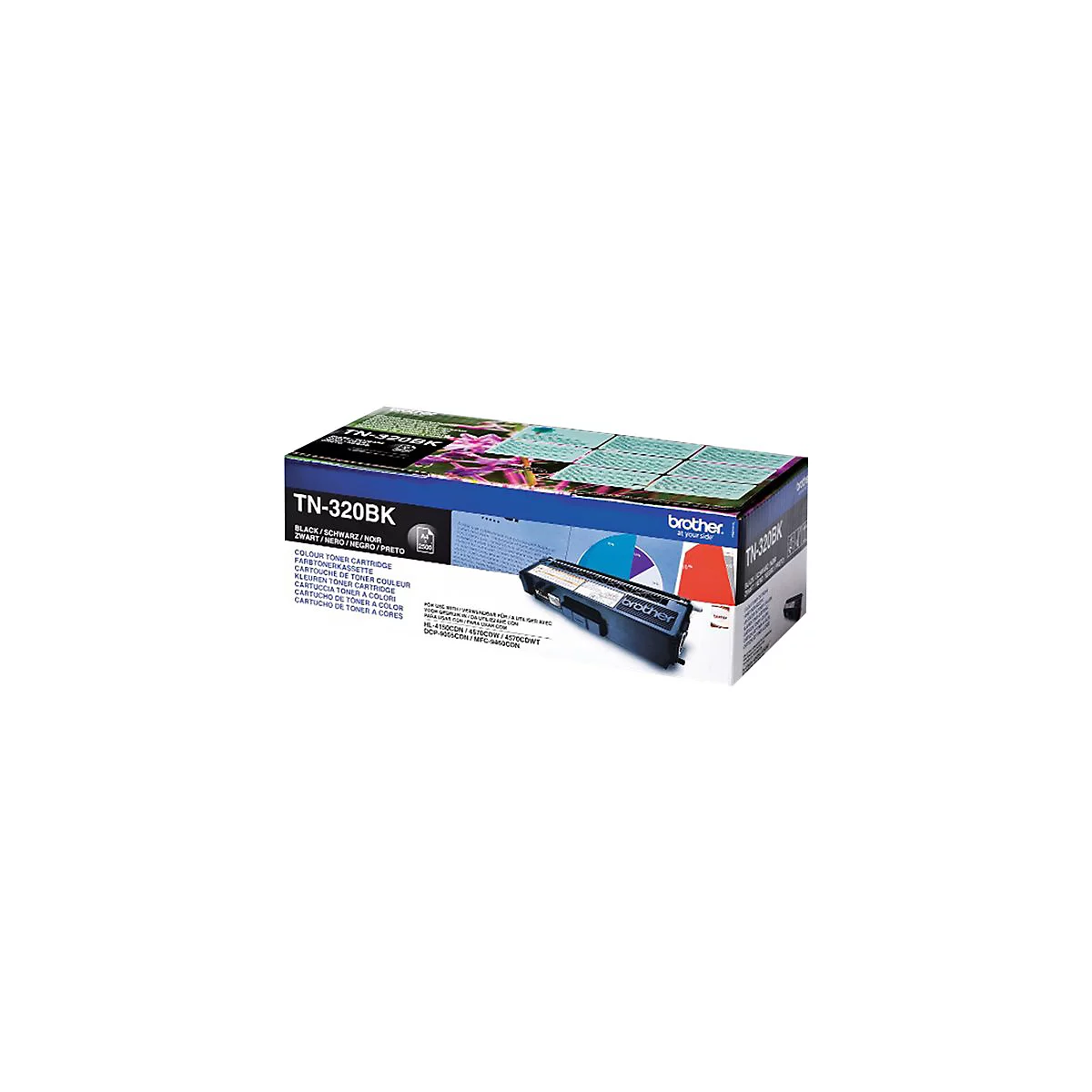 Eine geöffnete Brother-Tonerkartuschen-Verpackung, mit Tonerpatrone. Aufdruck: TN-320BK. Schwarze Schrift auf weißem Grund.