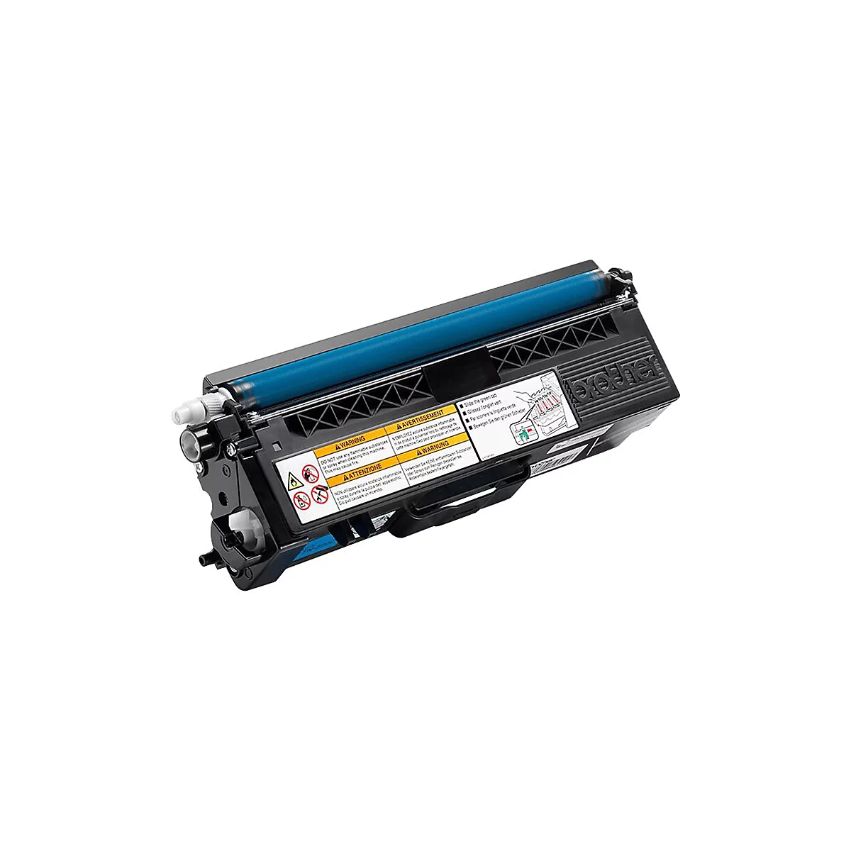 Ein Brother-Toner in schwarz und türkis. Auf dem Toner befinden sich Warnhinweise und eine Anleitung.