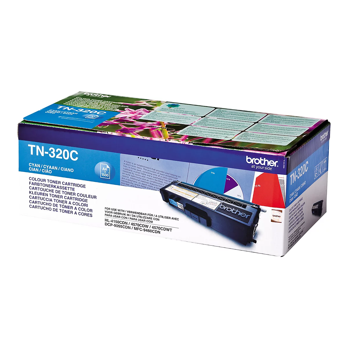 Eine Brother TN-320C Farb-Tonerkartusche. Die Verpackung zeigt eine blaue Front mit weißem Text. Daneben ist ein Diagramm mit Prozentangaben abgebildet, das auf einen weißen Hintergrund gesetzt ist.