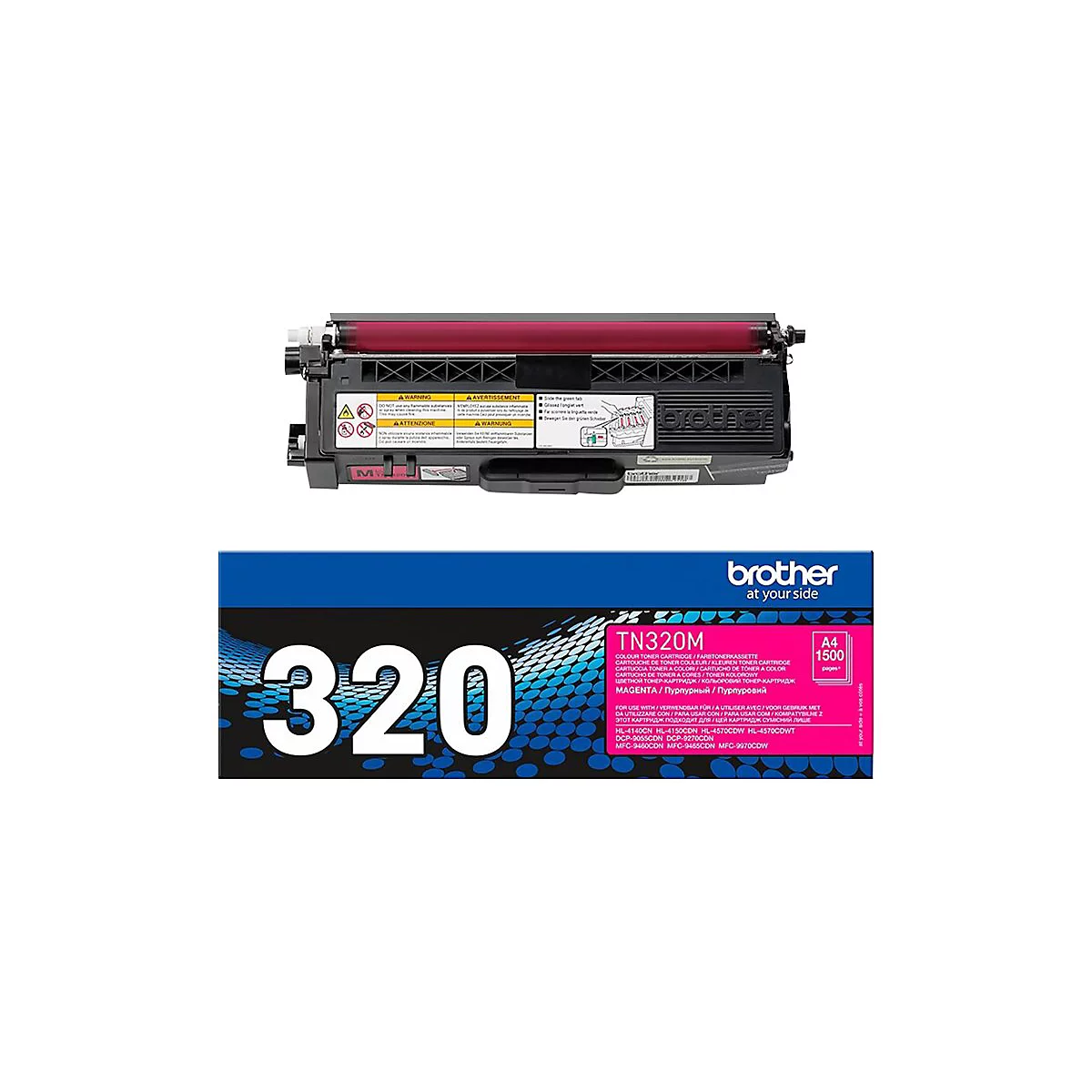 Magenta Tonerpatrone TN320M von Brother. Die Patrone liegt neben einer Produktverpackung mit Angaben wie Seitenleistung und Kompatibilität.