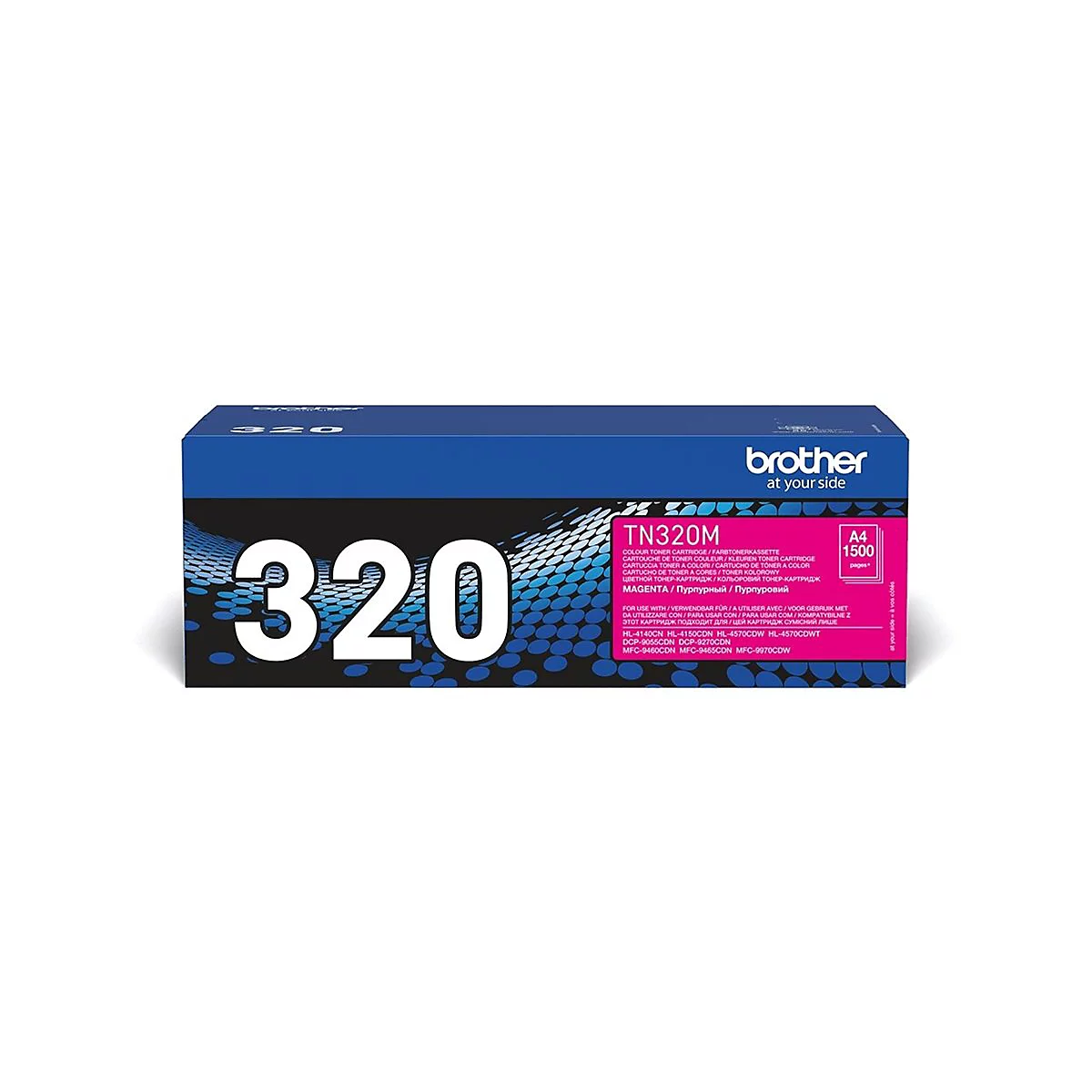 Magentafarbene Brother Tonerkartusche TN320M, Packung mit weißen Ziffern 320, Text und Logo.