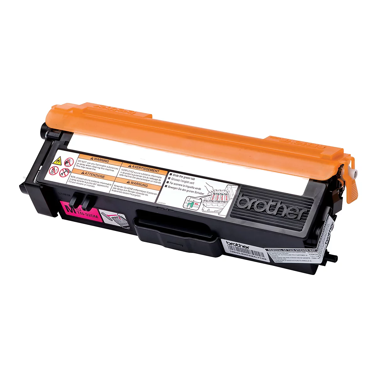 Ein Brother-Druckerpatrone, überwiegend in Schwarz mit orangefarbenen Akzenten. Warnhinweise sind aufgedruckt. Auf der Patrone ist 'TN-320M' zu lesen.