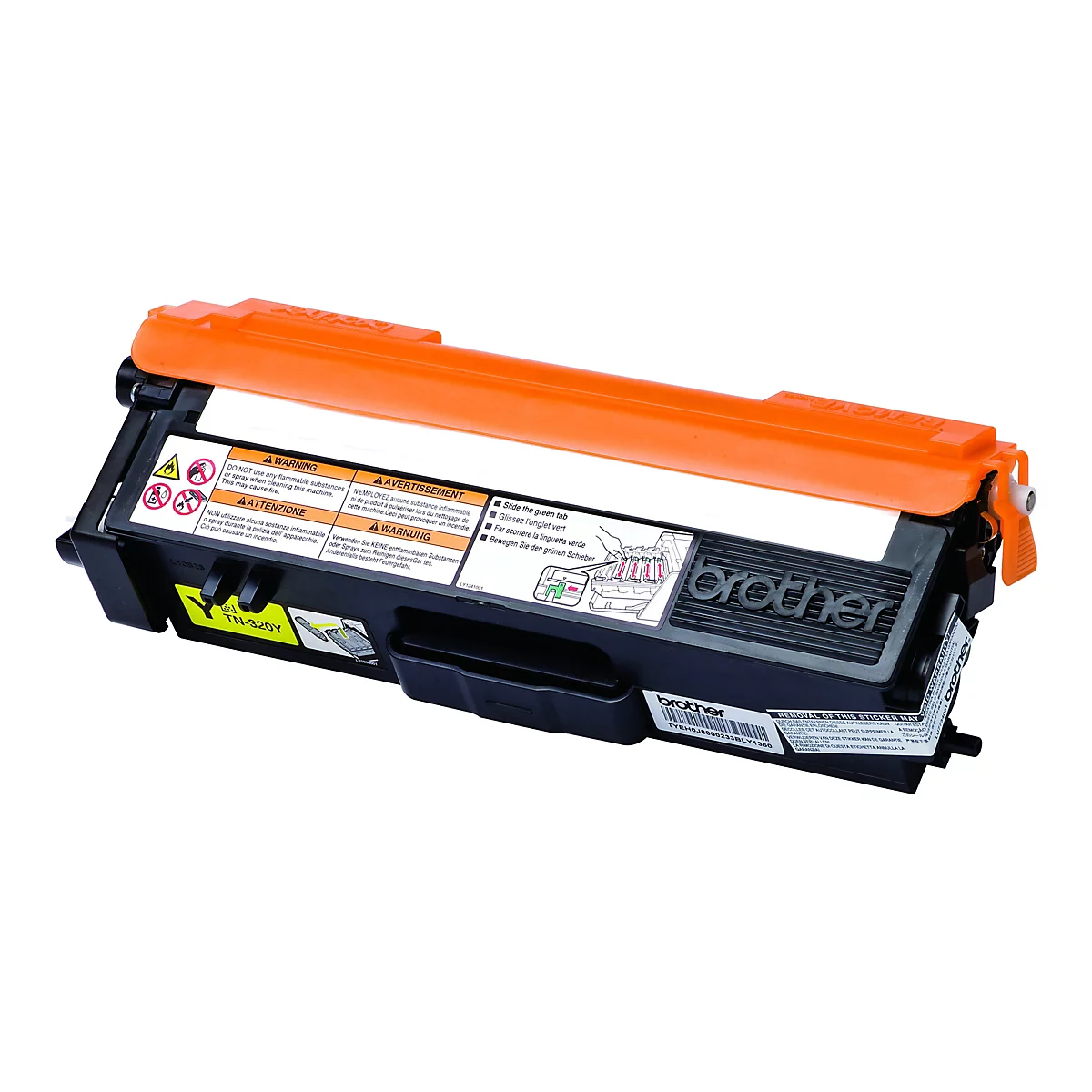 Ein neuer Brother TN-320Y Toner, orangefarbener Deckel, schwarzes Gehäuse, Aufkleber mit Warnhinweisen.