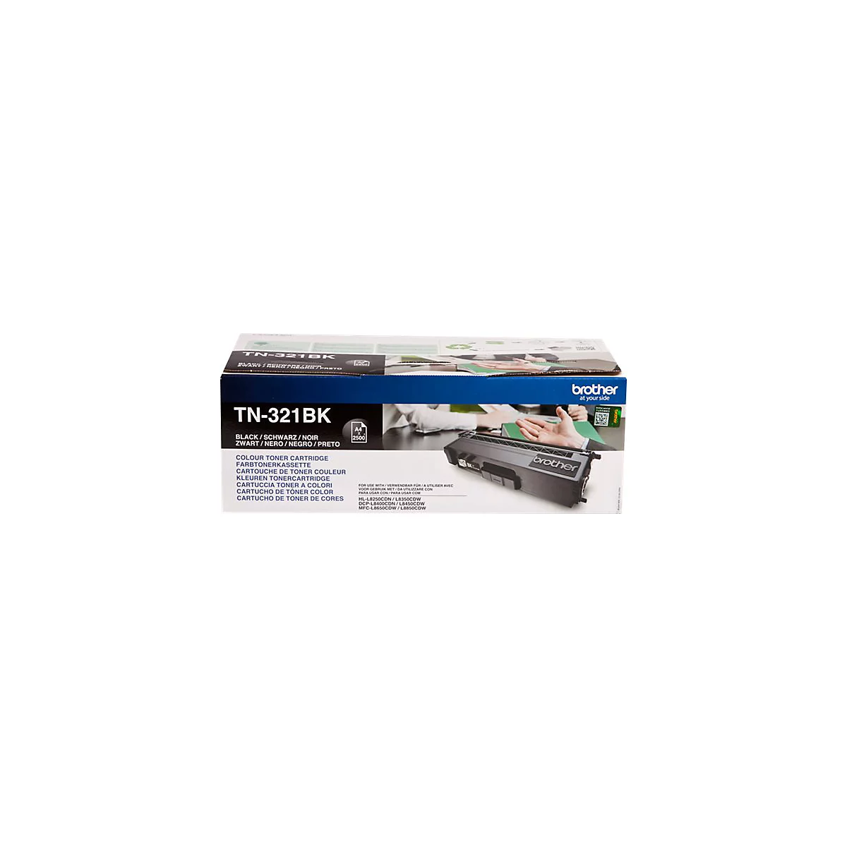 Schwarze Brother-Tonerkassette TN-321BK in einer Verpackung mit Produktangaben.