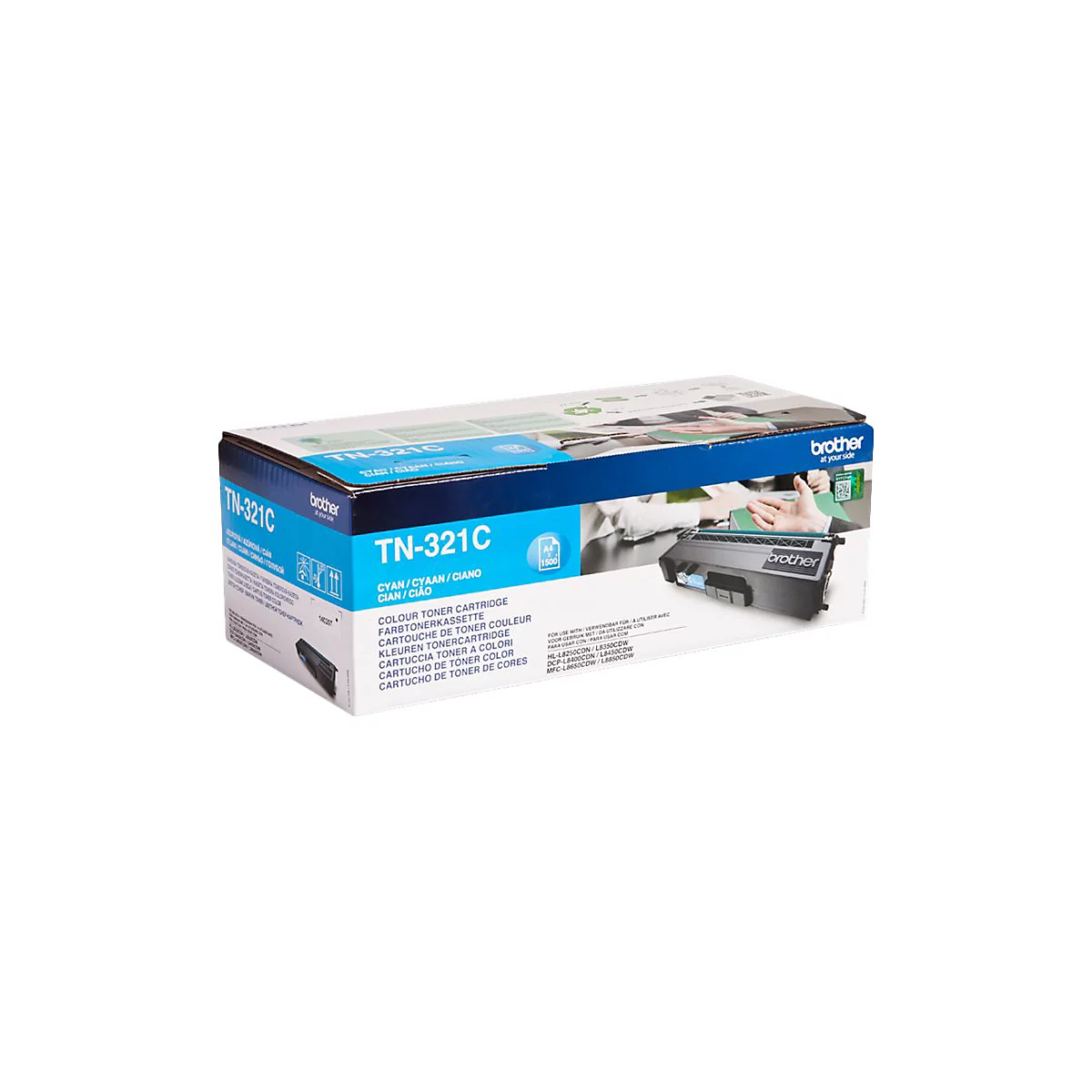 Blauer Toner von Brother TN-321C auf einer weißen Oberfläche. Auf der Verpackung steht "TN-321C" und "Brother".