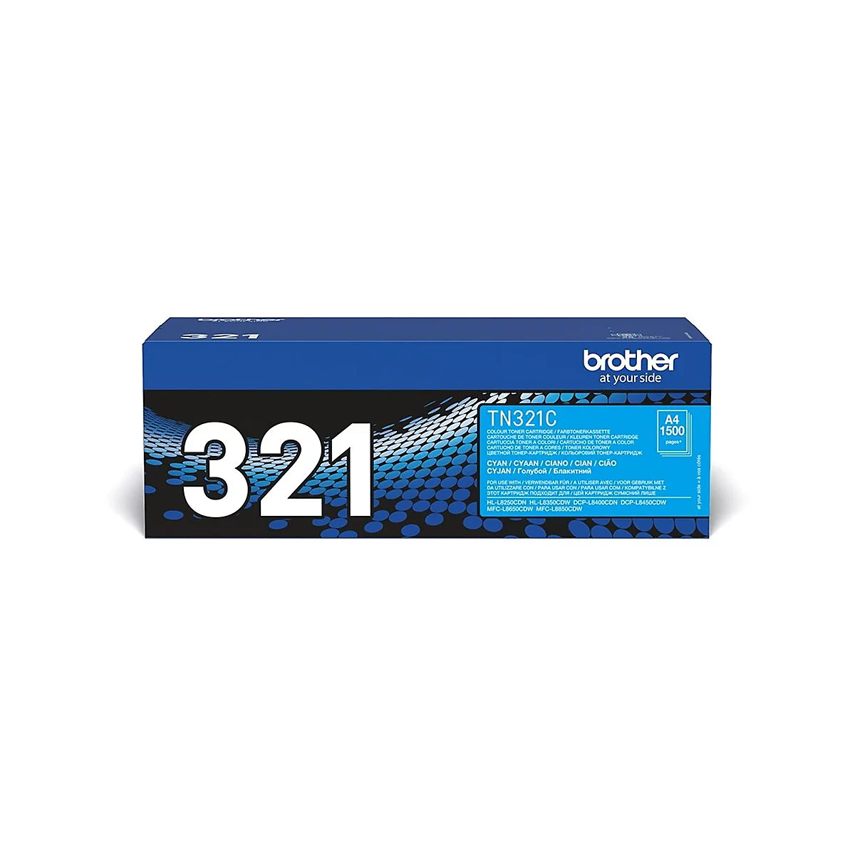 Blauer Brother TN321C Toner, mit weißen 321 und Produktinformationen.