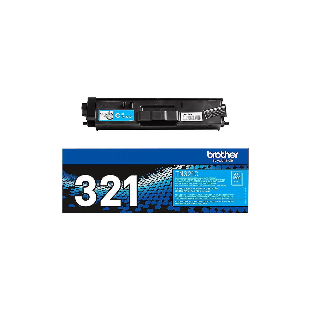 Blauer Toner von Brother, mit der Bezeichnung TN-321C und einer Schrift mit der Aufschrift 321.