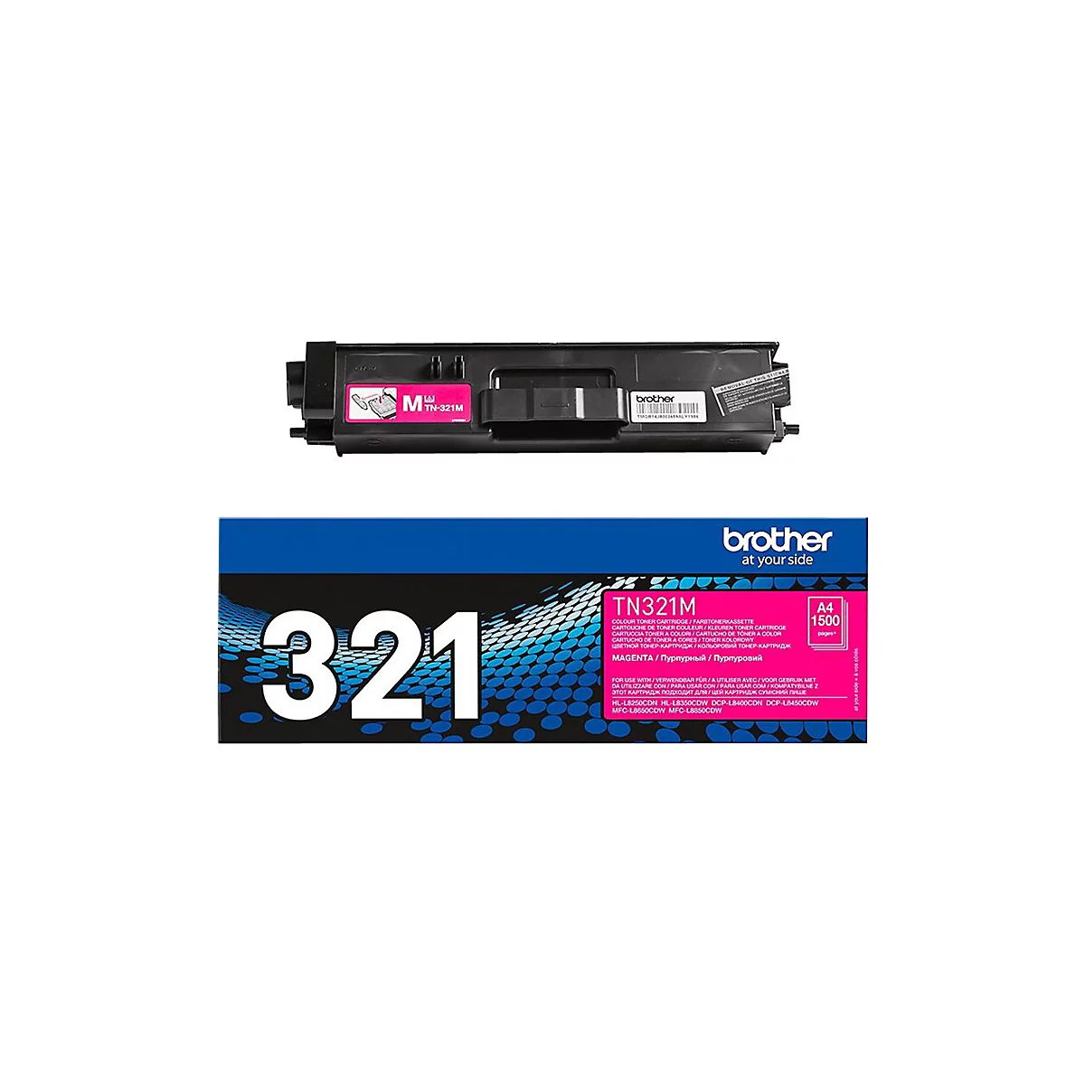 Schwarze Brother TN-321M Tonerkartusche und Verpackung. Aufdruck: 321, Magenta, A4 1500 Seiten.