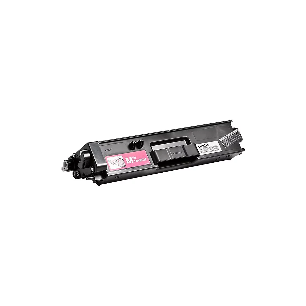 Schwarze Brother-Tonerkartusche mit pinkfarbenem Aufkleber, Text: TN-321M.