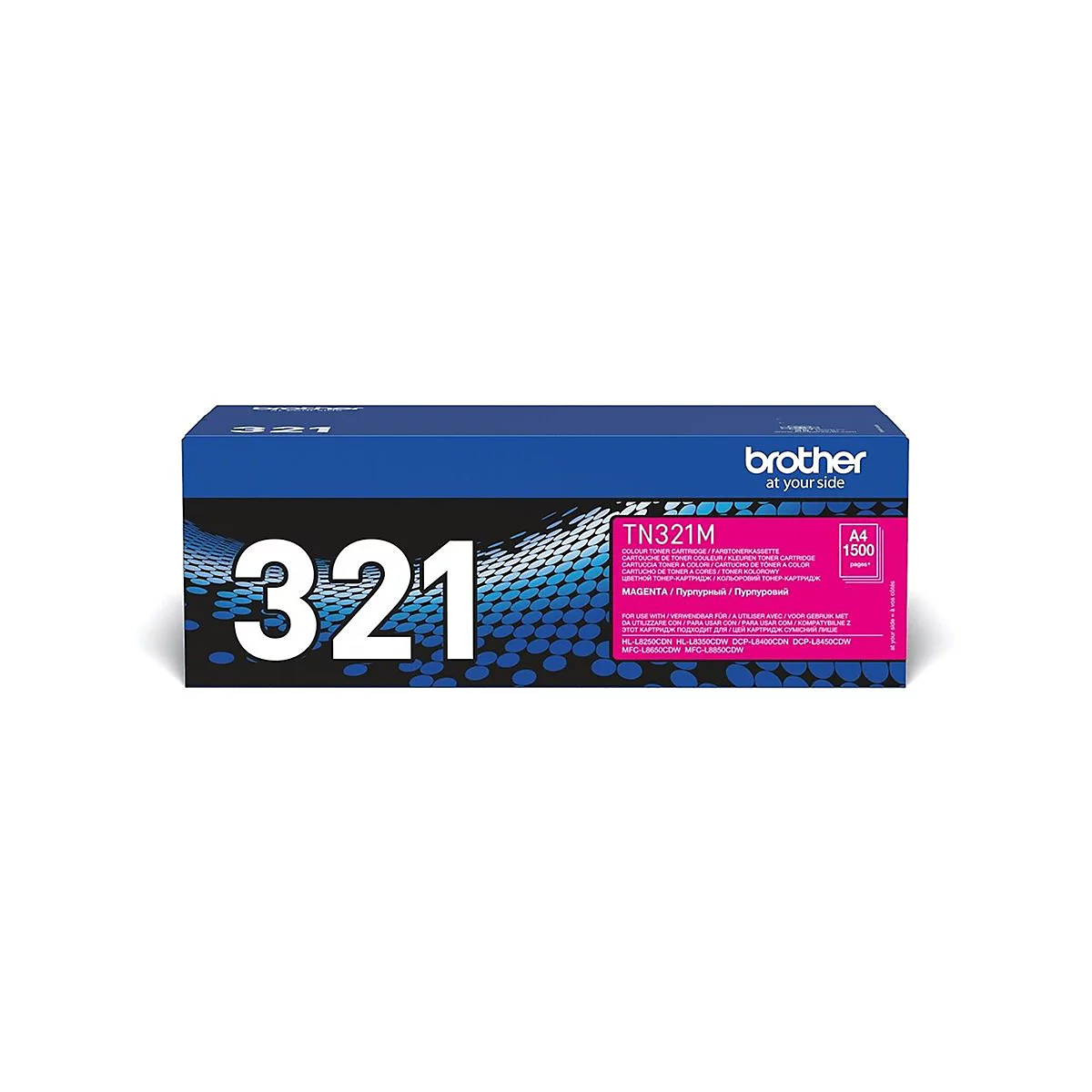 Eine Brother-Tonerkassette TN321M, Magenta-Farbe, auf blauem Grund. Das Produkt ist im Detail und mit Produktbezeichnungen dargestellt.