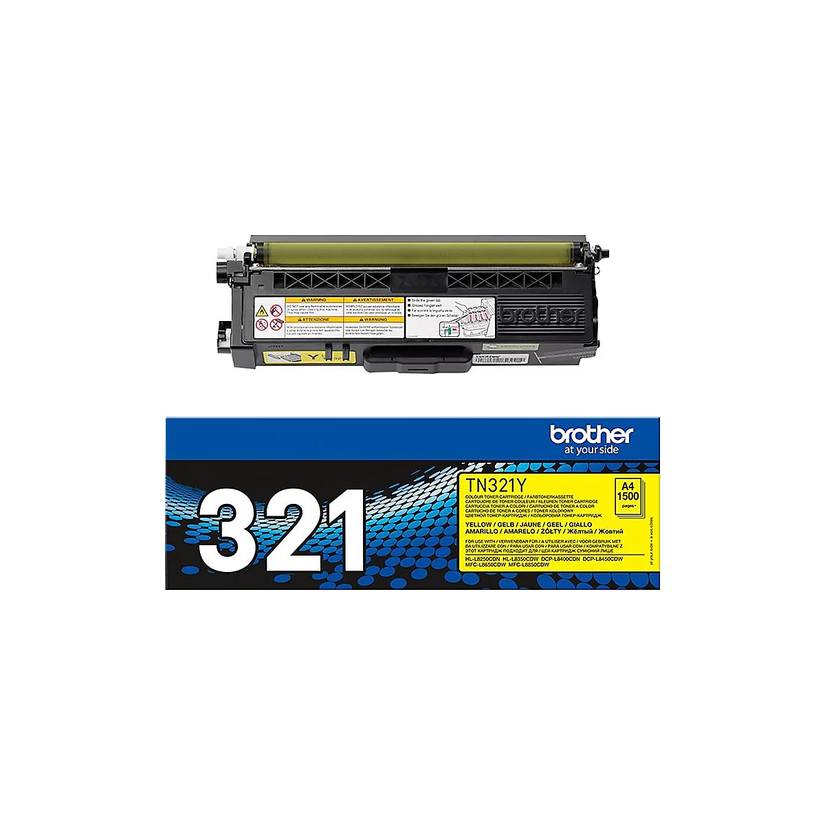 Ein gelber Brother Toner TN321Y, daneben die blaue Verpackung mit Produktinformationen.
