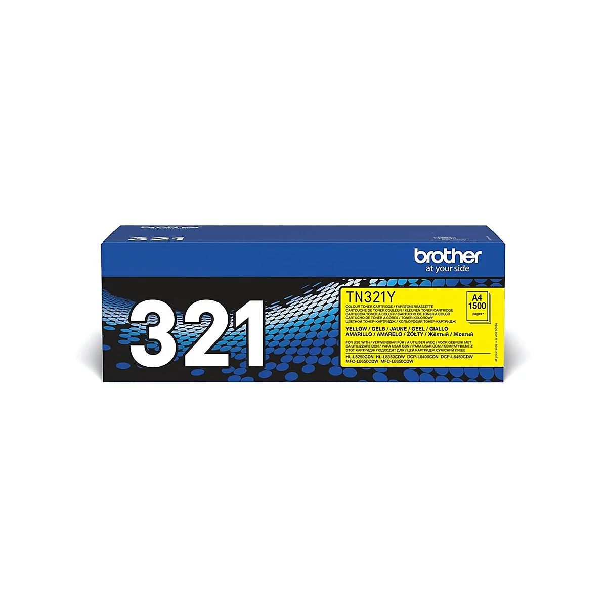 Gelbe Brother TN321Y Tonerkartusche, Text '321' und 'A4 1500 Seiten'.