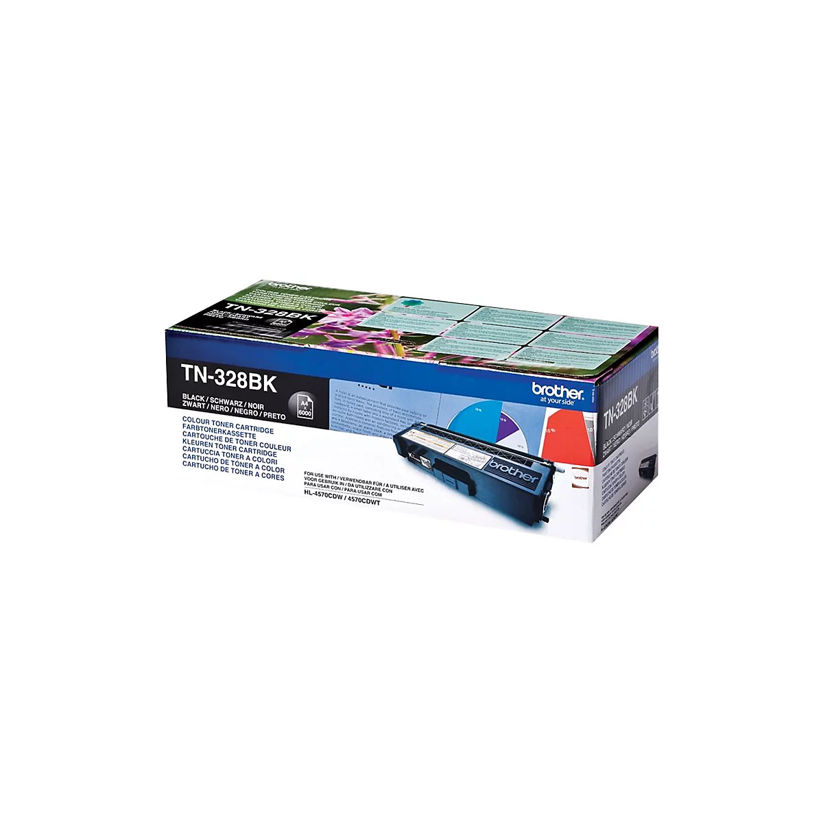 Schwarz-Tonerkartusche Brother TN-328BK in der Originalverpackung. Der Kartuschenname und die Produktmerkmale sind deutlich sichtbar.