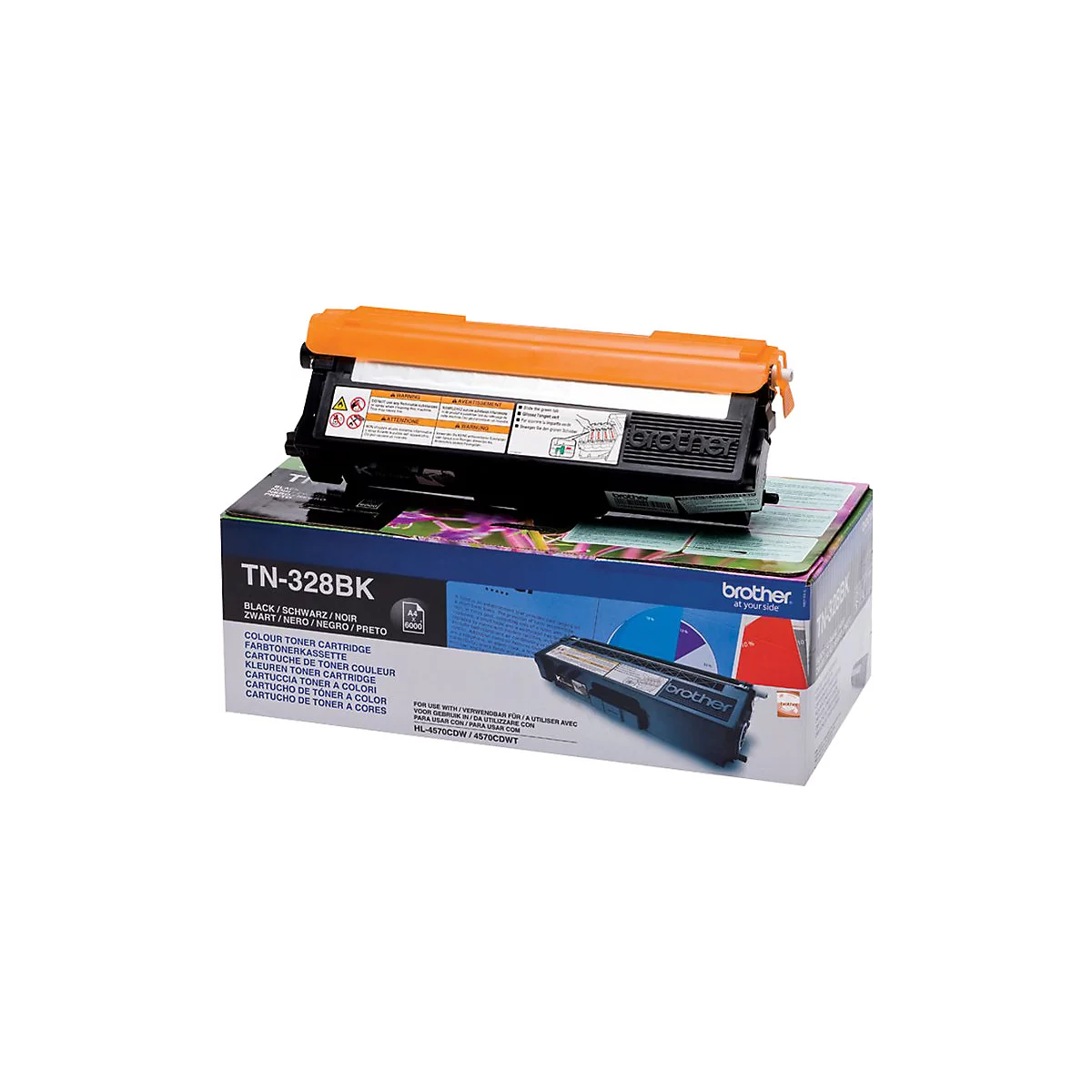 Ein schwarzer Brother Toner TN-328BK mit orangefarbener Abdeckung auf einem Karton. Auf dem Karton steht 'TN-328BK' und weitere Informationen.