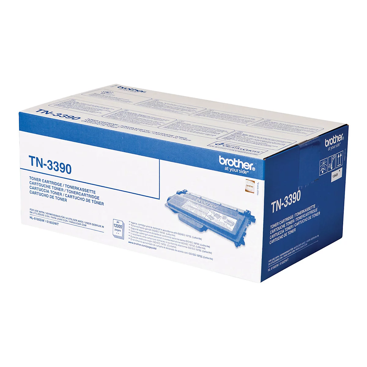 Ein blau-weißer Brother-Toner-Kartuschen-Karton. Auf der Vorderseite steht TN-3390 und Toner Cartridge.