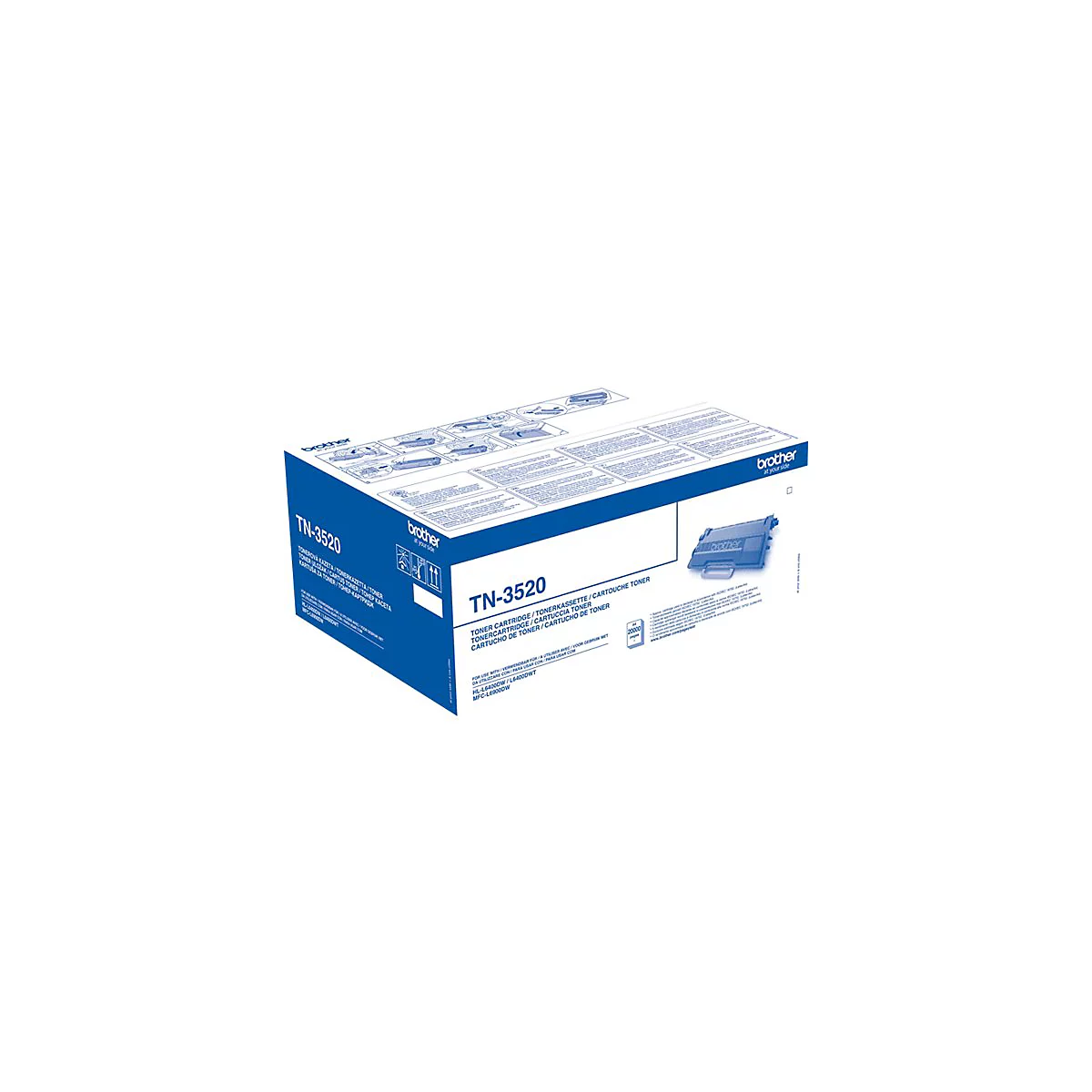 Blaue Brother Toner-Kartuschen-Verpackung. Aufschrift TN-3520, Text in mehreren Sprachen, Abbildung des Toners.