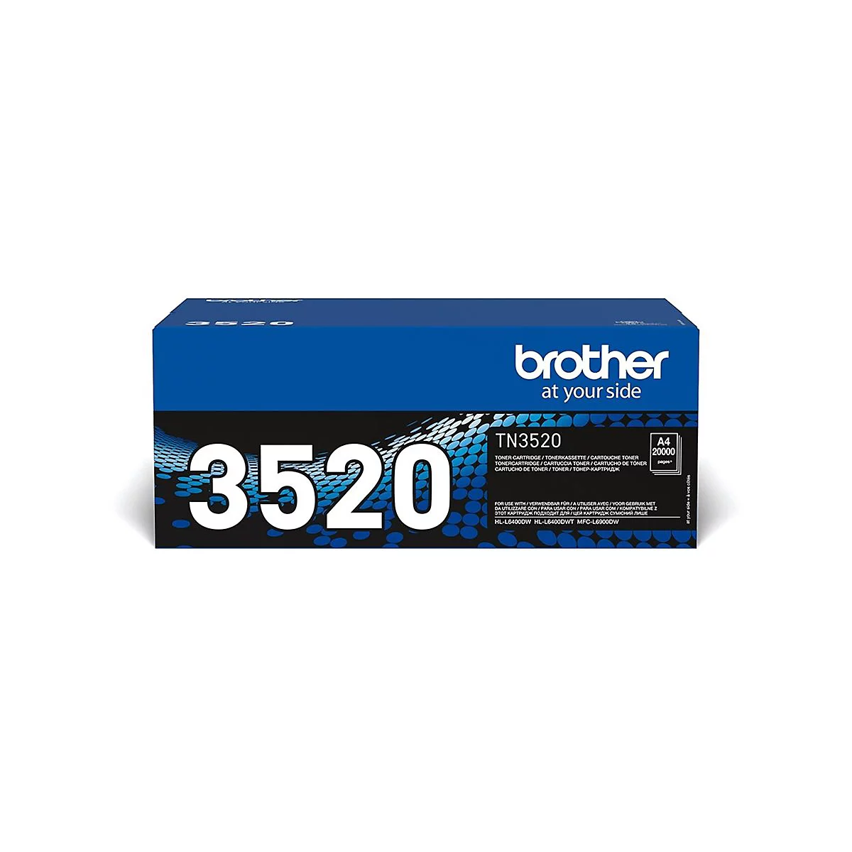 Eine blaue Brother-Toner-Kassette mit weißer Schrift. Aufgedruckt sind die Modellnummer 3520 und weitere Informationen.