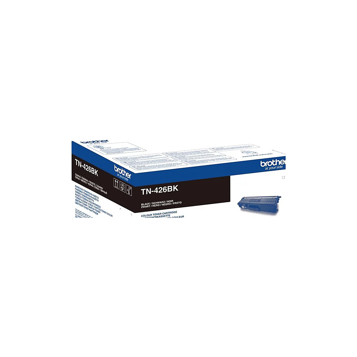 Une cartouche de toner noire Brother TN-426BK, partiellement dans son emballage d'origine, sur fond blanc.