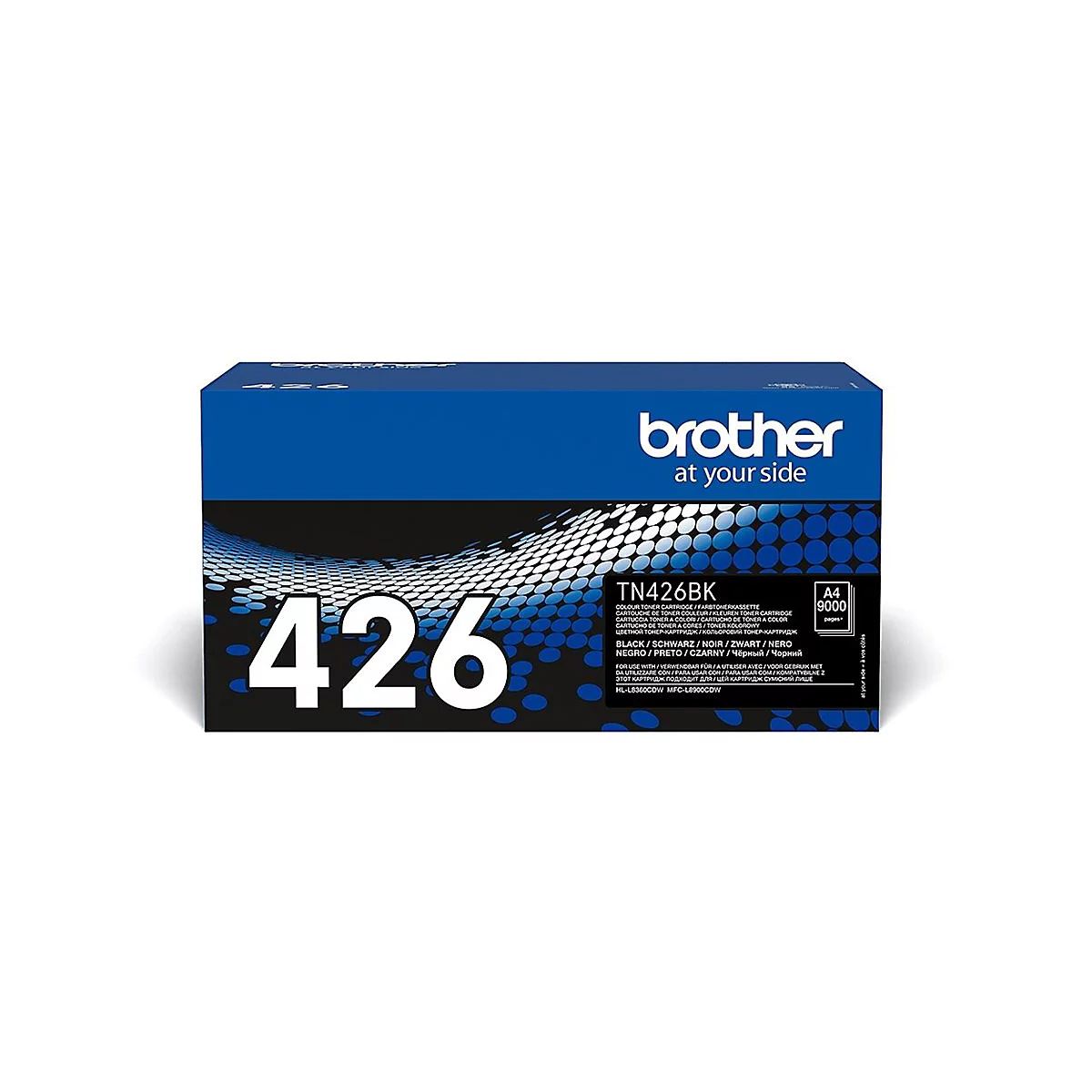 Ein blauer Brother-Toner-Kasten mit der Aufschrift 426 und TN426BK. Der Karton hat die Aufschrift "at your side".