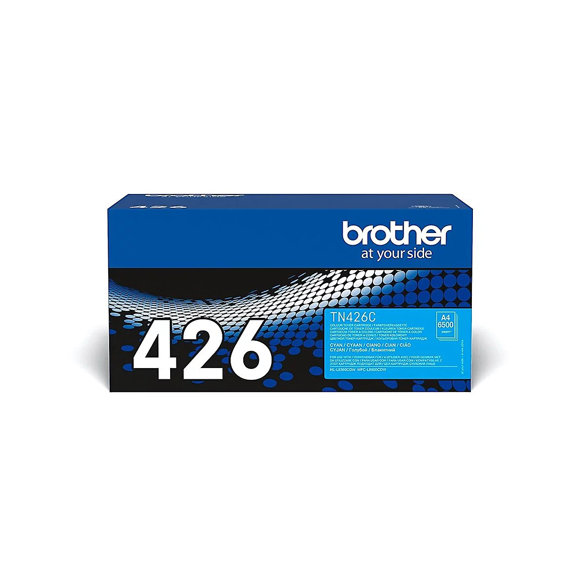 Blau-schwarze Brother-Tonerkartusche. Große weiße '426' Schrift, 'TN426C' und Logo 'brother at your side' zu sehen.