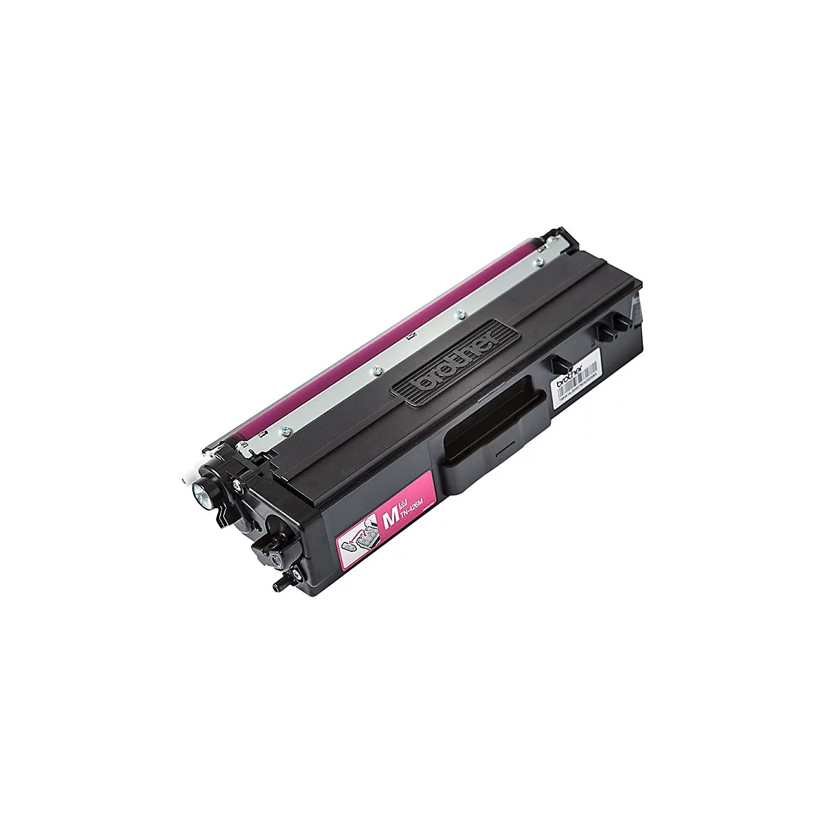 Eine schwarze Brother-Tonerkartusche, auf weißem Hintergrund. Das Produkt enthält einen lila Zylinder und ist mit Brother-Logo und Produktinformationen beschriftet.