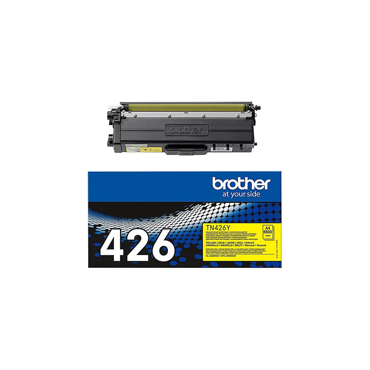 Ein gelber Brother-Toner und die Produktverpackung. Auf der Verpackung stehen Produktinformationen.