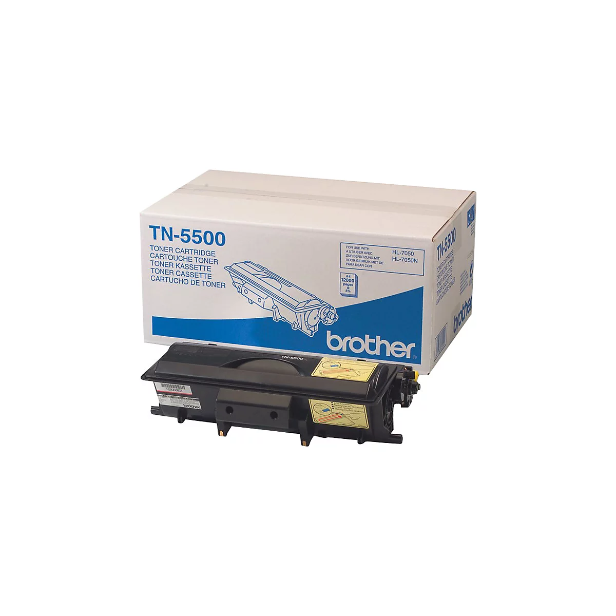 Eine geöffnete Produktverpackung mit einer schwarzen Tonerkassette, auf der "TN-5500" steht.