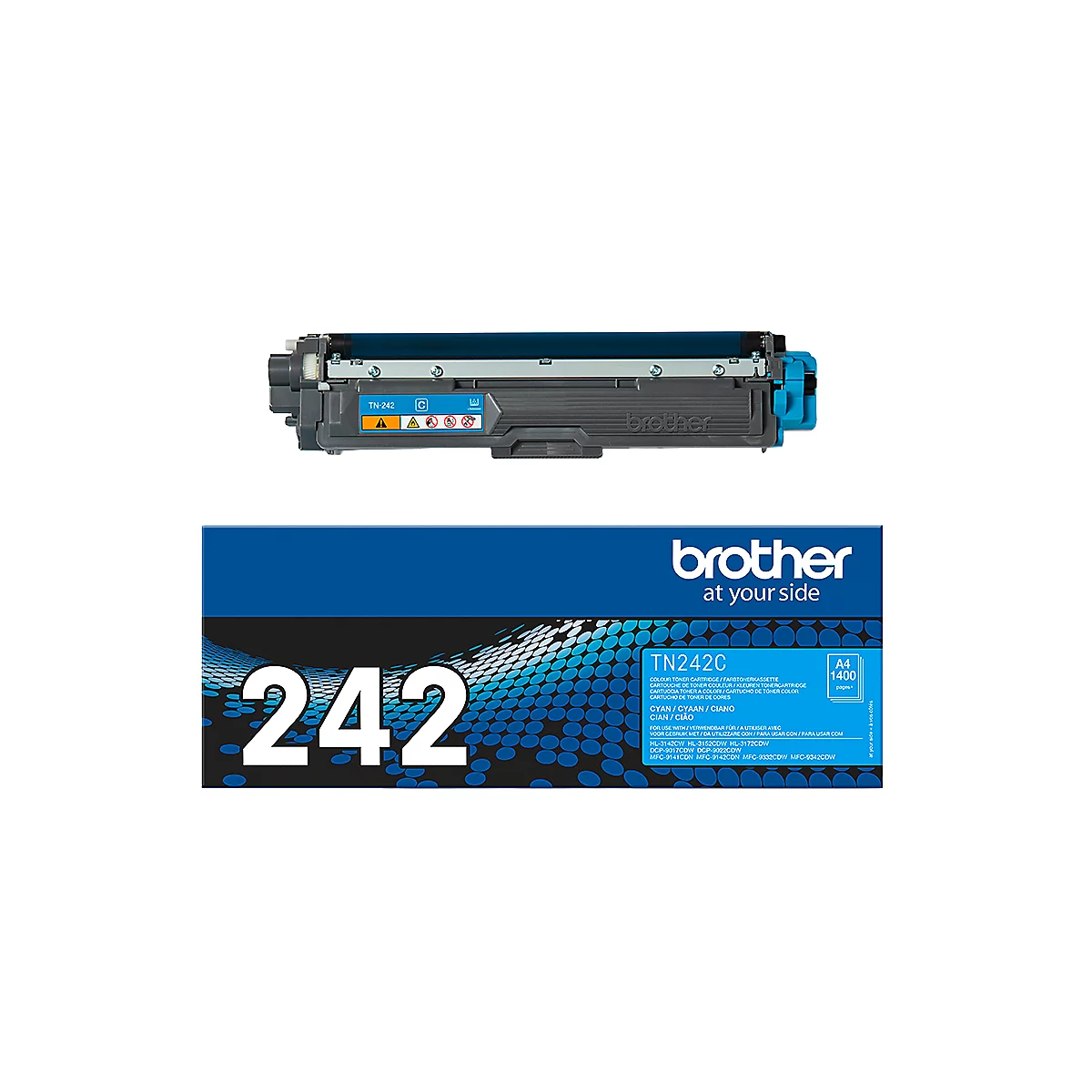 Brother Toner TN242C in Cyan mit passender Originalverpackung vor weißem Hintergrund.