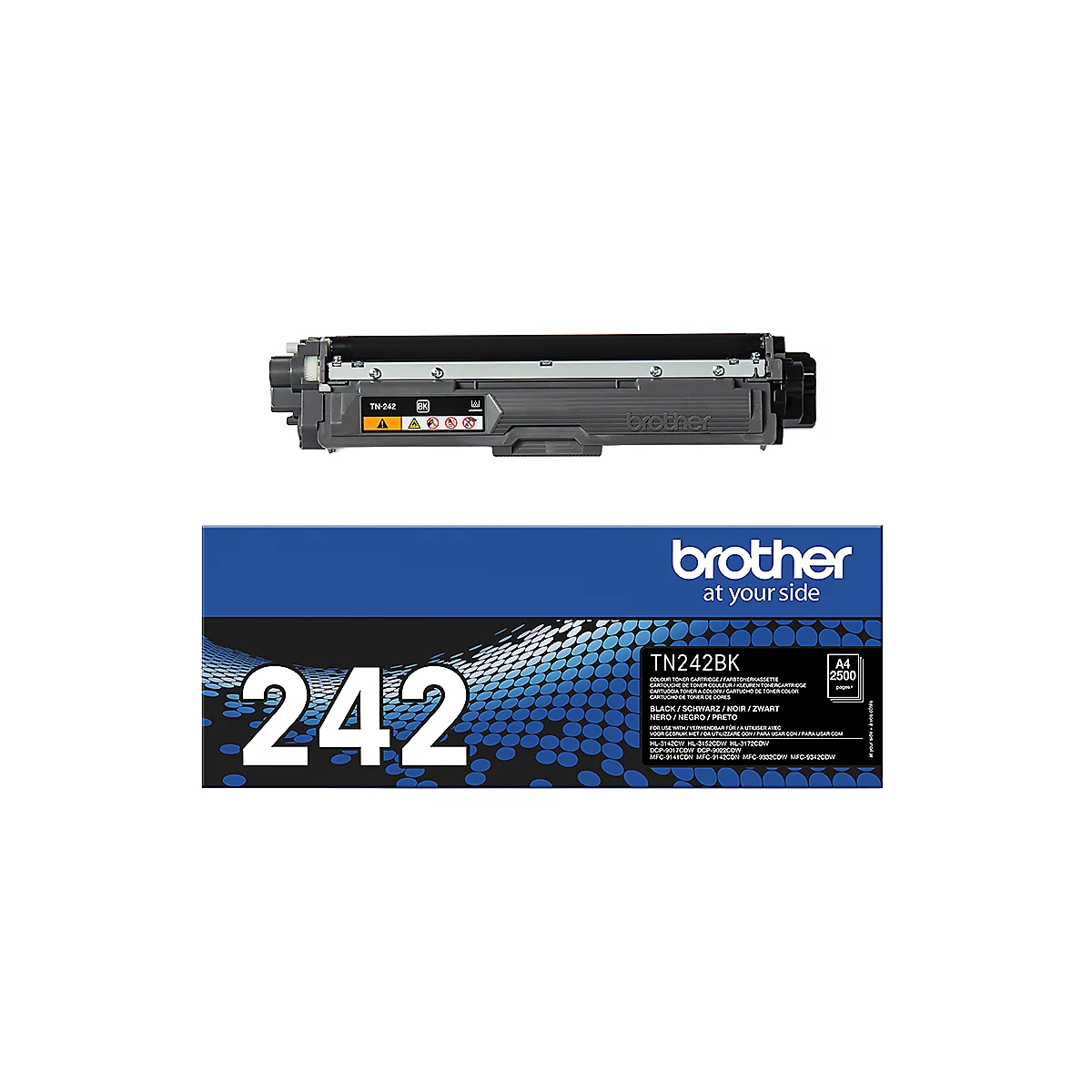 Zwarte Brother-tonercartridge TN242BK met bijbehorende doos op een witte achtergrond.