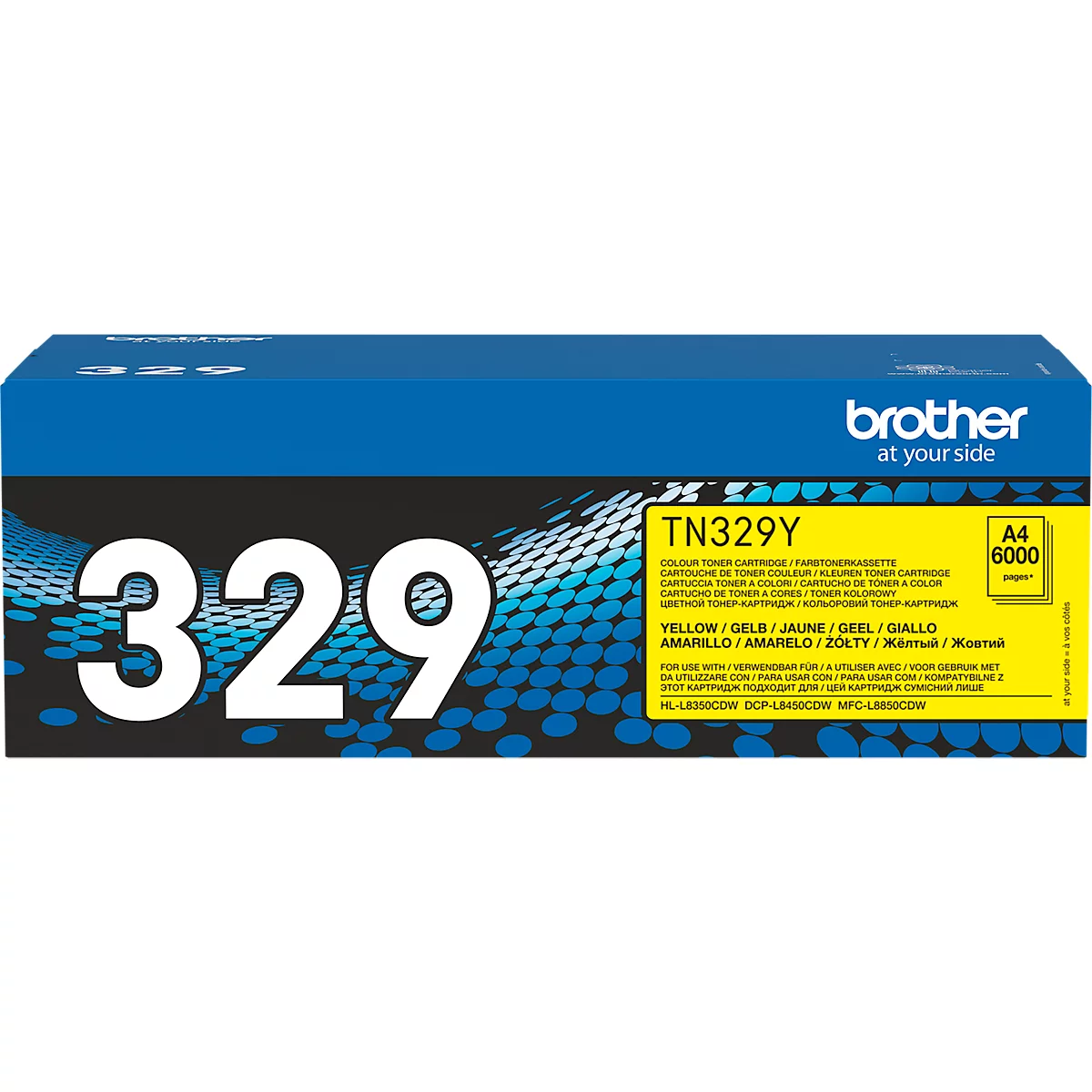 Gele Brother tonercartridge. Opschrift "TN329Y", A4 6000. Blauwe doos met zwarte achtergrond en witte "329".