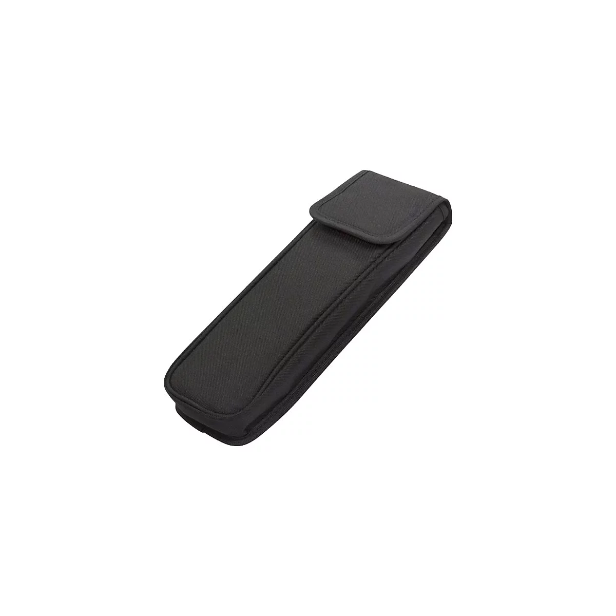 Schwarzes Etui, rechteckig mit Klappe, isoliert auf weißem Hintergrund.