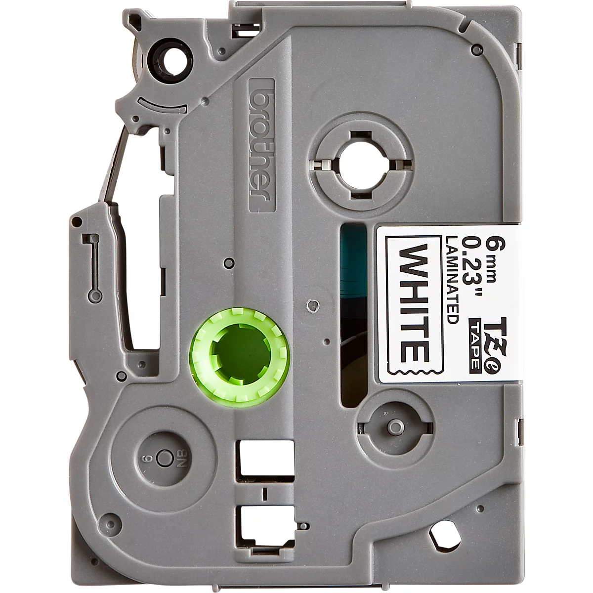 A grey Brother label cartridge. The label reads: 6 mm, 0.23", white, laminated. TZ tape.