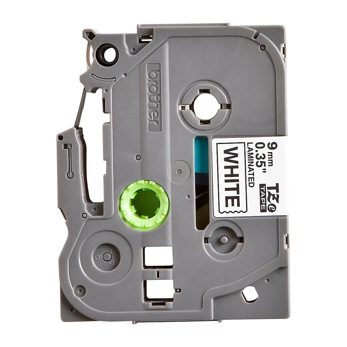 Close-up of a white labeling tape cassette. Inscription: 9mm 0.35". Brother. White laminated TZ tape.