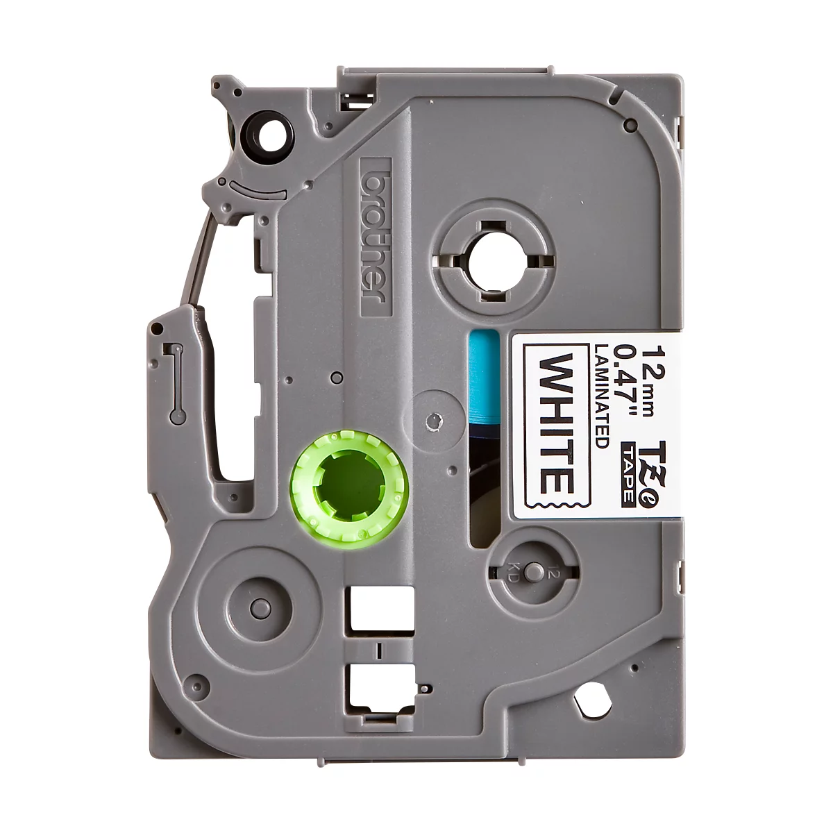 Gray Brother label cassette with white laminated tape. Inscription: Brother, white, 12mm, 0.47".