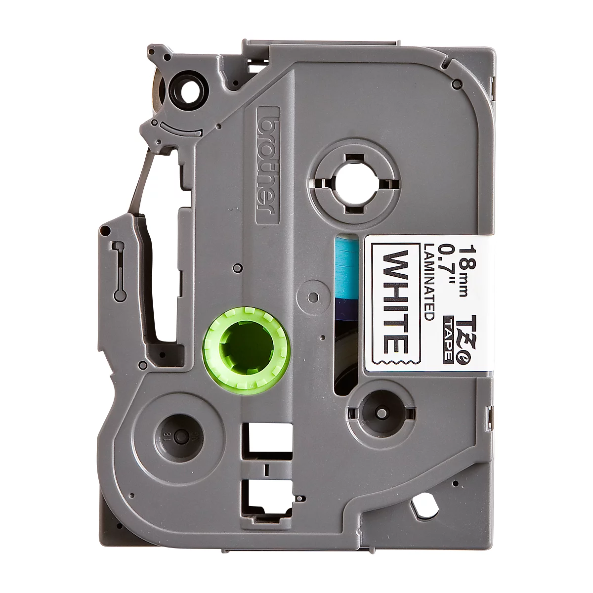 A grey Brother label cassette. Printed on it is the inscription "WHITE", as well as "18mm 0.7" Laminated TZe Tape".