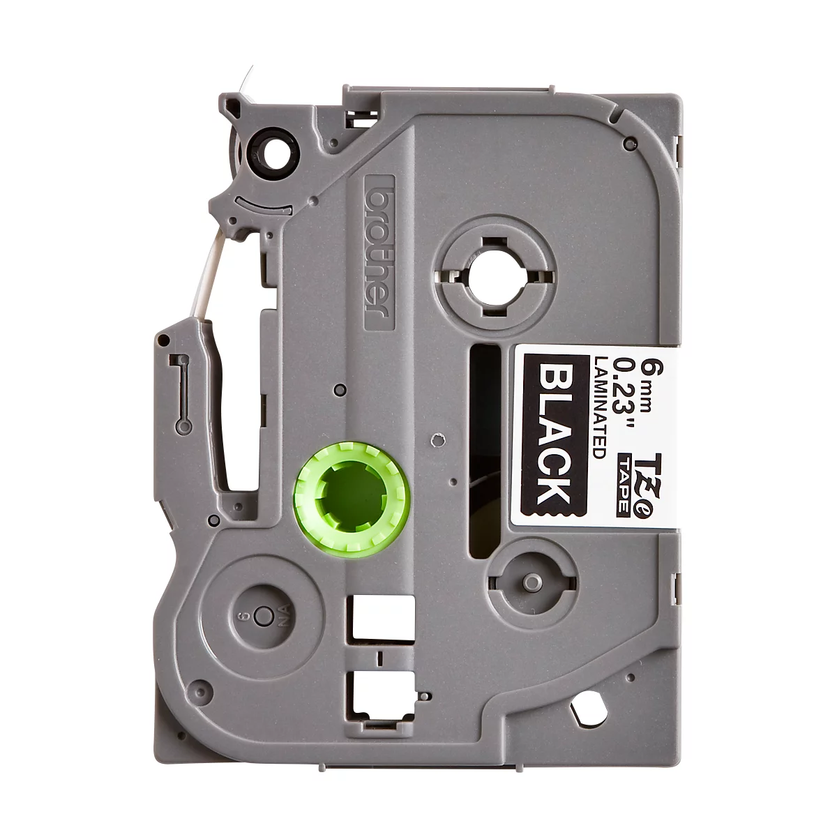 A gray label cassette with black text. It says "BLACK", "6mm 0.23" and "Brother".