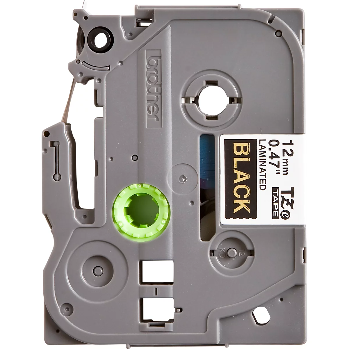 Black label tape cartridge with "Brother" branding and technical specifications.